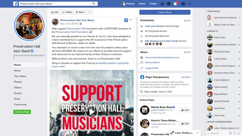 Screenshot of "Preservation Hall Jazz Band" Facebook page showing their May 1st, 2020 posting about "SUPPORT PRESERVATION HALL MUSICIANS"