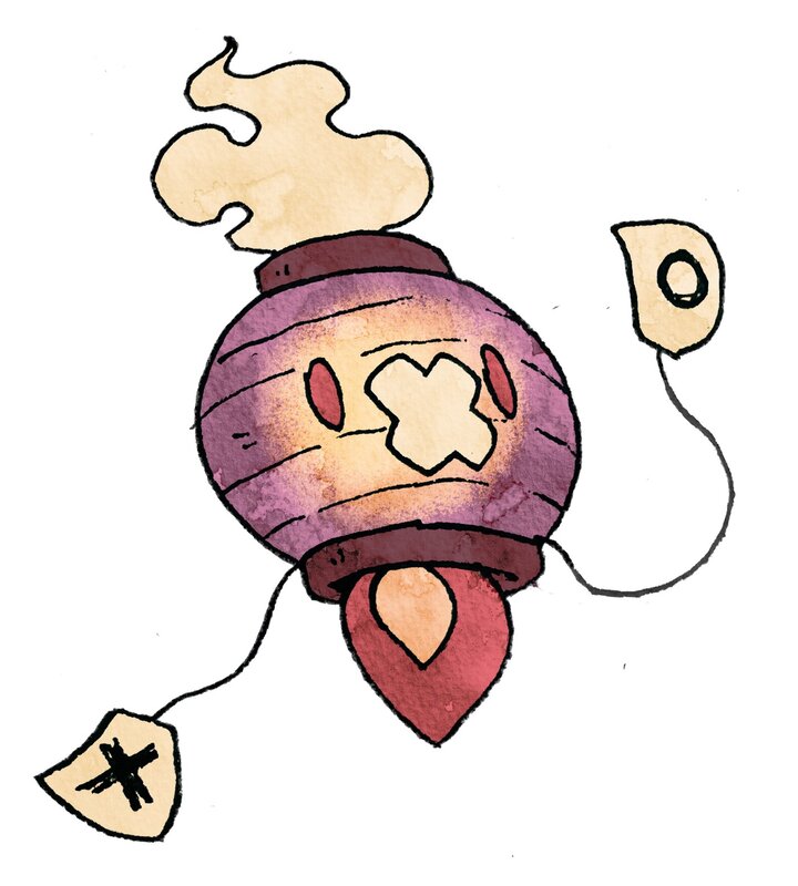 This is a picture taken of a drawing which depicts a character from the game Pokemon as a paper lantern. The drawing is detailed in purple, red, orange, and black. 