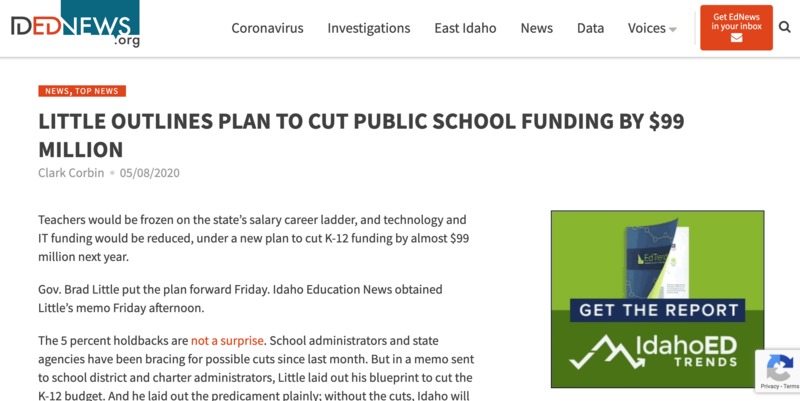 Screenshot of a news article with the headline, "Little outlines plan to cut public school funding by $99 million".