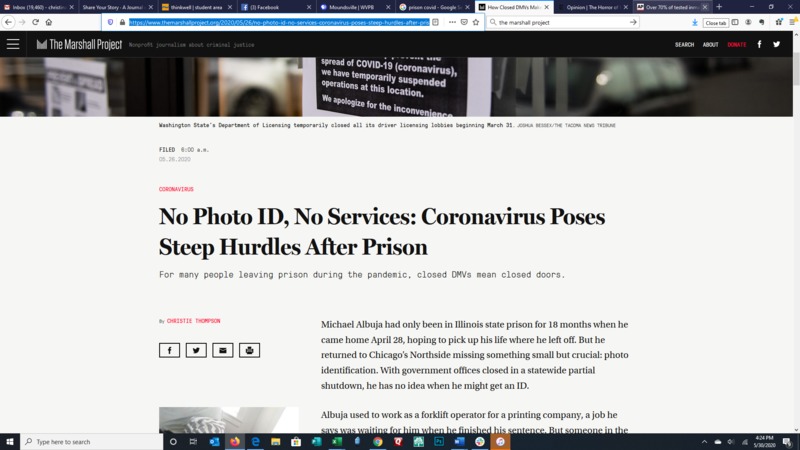 A screenshot of an article titled "No Photo ID, No Services: Coronavirus Poses Steep Hurdles After Prison".
