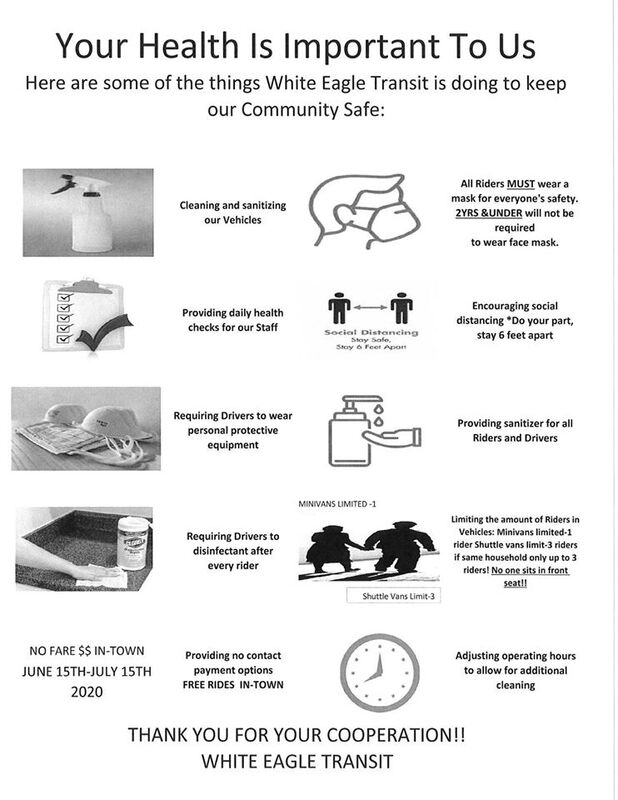 An infographic explaining the ways that the White Eagle Transit keeps their patrons safe.  