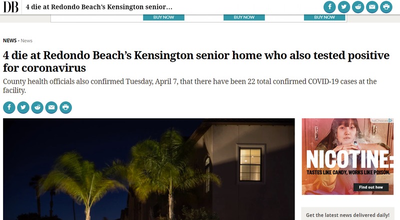 A news article with the title "4 die at Redondo Beach's Kensington senior home who also tested positive for coronavirus".