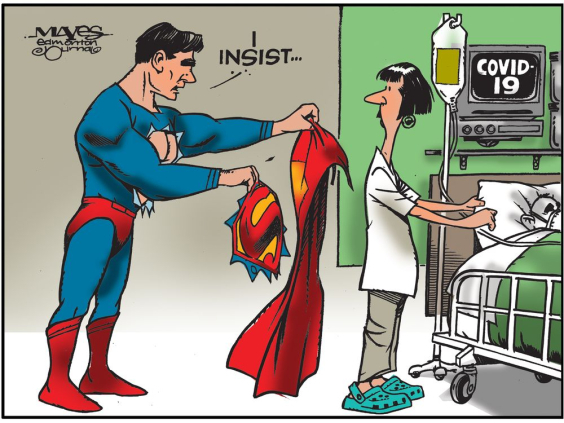 Political cartoon involving healthcare worker and superman. 