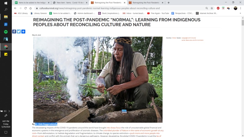 A screenshot of a news article titled "REIMAGINING THE POST-PANDEMIC “NORMAL”: LEARNING FROM INDIGENOUS PEOPLES ABOUT RECONCILING CULTURE AND NATURE".