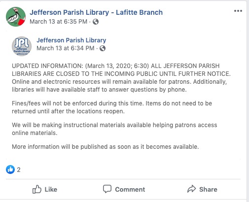 A social media post from Jefferson Parish Library. 