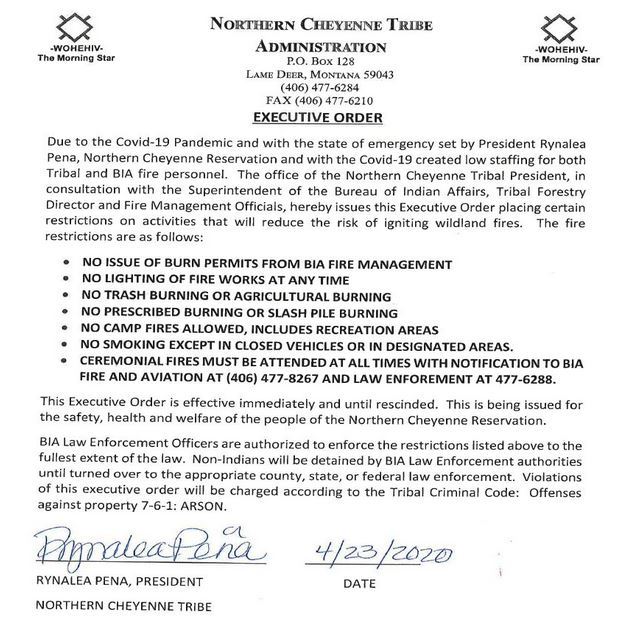 Photo of an executive order from the Northern Cheyenne Administration issuing major fire restrictions.