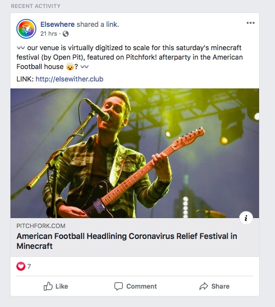 A screenshot of Elsewhere sharing a link from Pitchfork.com 
