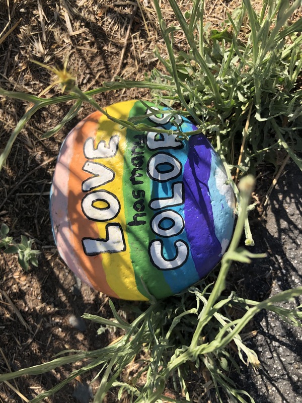 This is a picture of a rock that has been painted like a rainbow, with the message "love has many colors" on it.