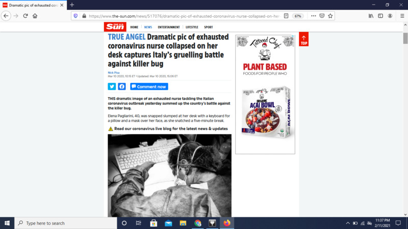 Screenshot of The Sun webpage article.  Article title: "True Angel: Dramatic pic of exhausted coronavirus nurse collapsed on her desk captures Italy's grueling battle against killer bug".