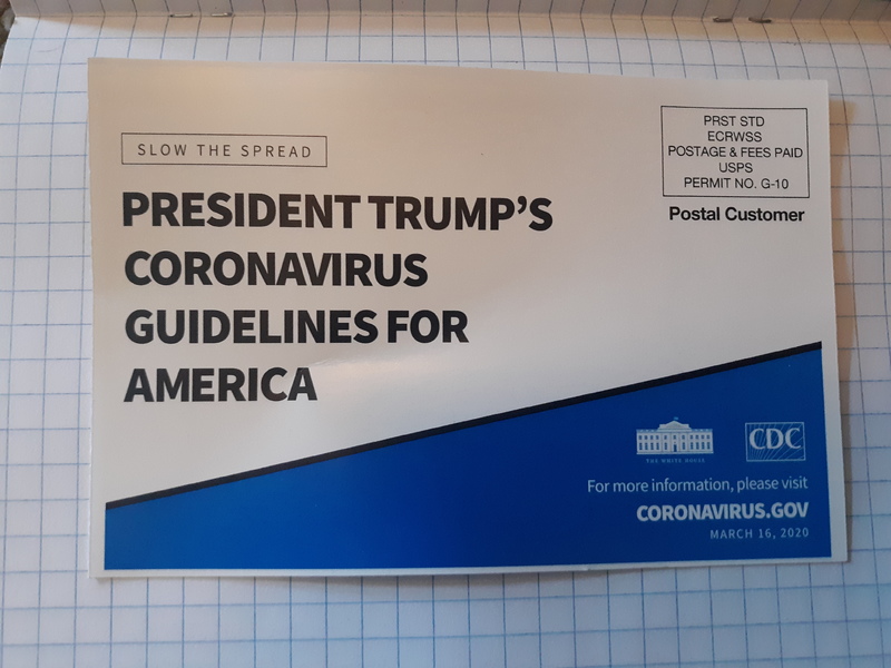 A postcard from the Centers for Disease Control and Prevention that says: PRESIDENT TRUMP'S CORONAVIRUS GUIDELINES FOR AMERICA on the front. 