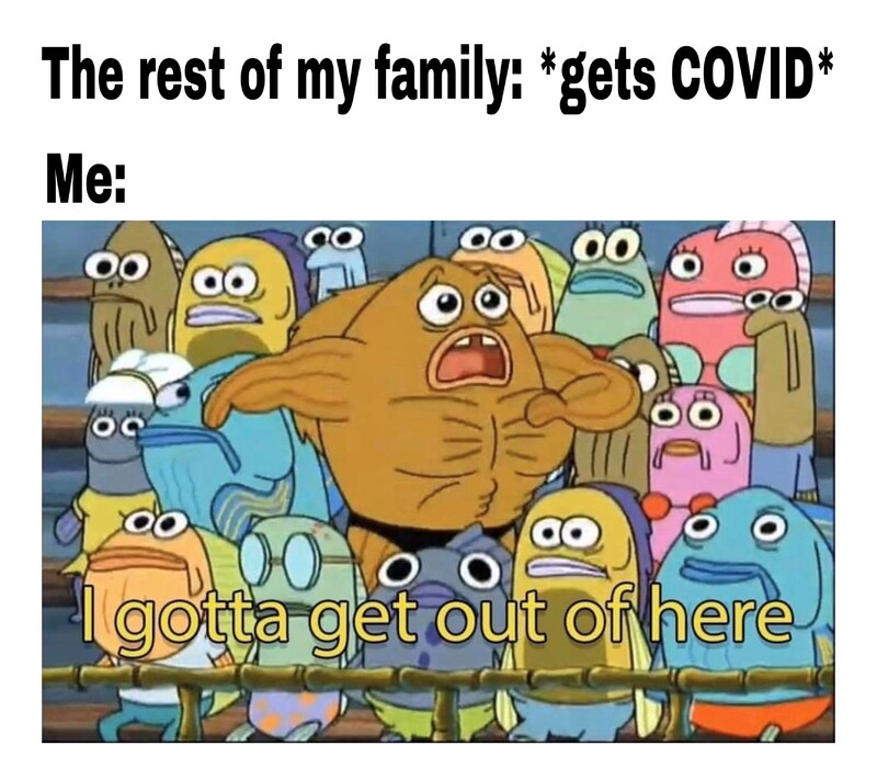 Meme depicting a group of fish sitting in an auditorium.  A brown fish in the middle stands and looks panicked.  The text reads:
"The rest of my family: *gets COVID*
Me: I've got to get out of here"