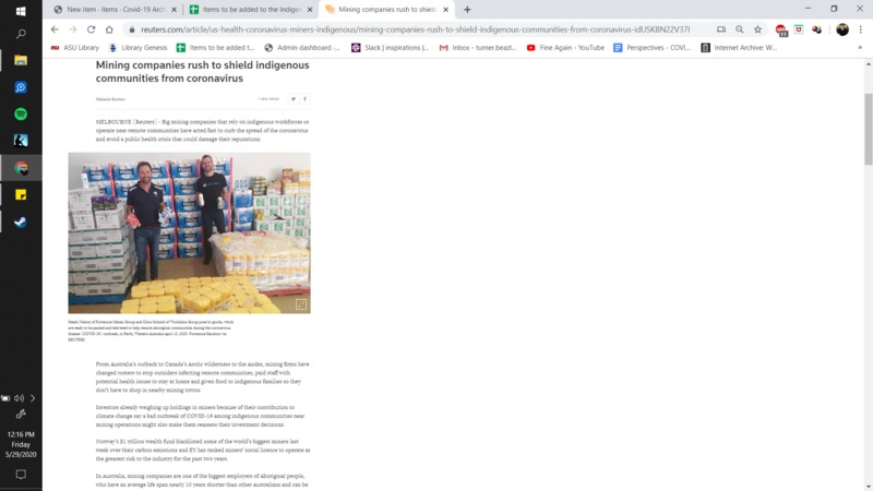 Screenshot of a news article that discusses how mining companies are trying to protect indigenous communities since they make up a large chunk of their workforce.