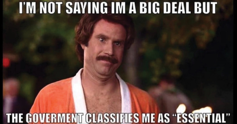 This is a picture of a meme depicting the actor Will Ferrell, which has a caption reading: "I'm not saying I'm a big deal but, the government classifies me as 'essential'."