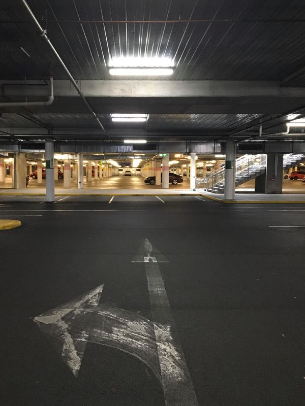 An empty parking lot. 