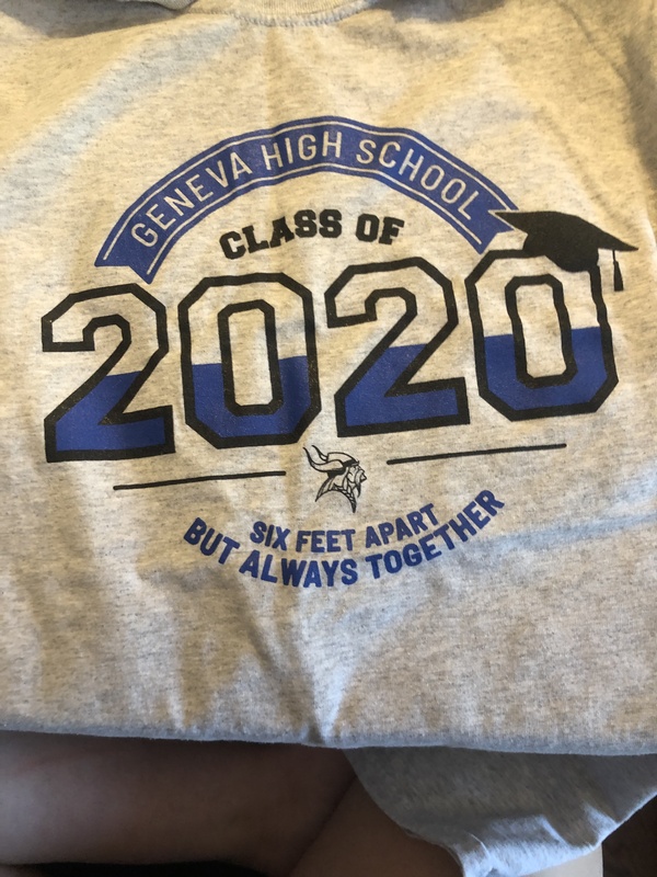 A gray t-shirt reading "Geneva High School Class of 2020. Six feet apart but always together".