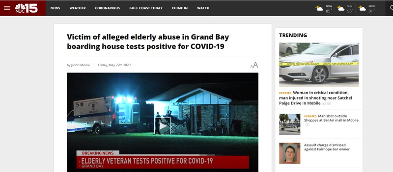 A screenshot of a news clip with the title "victim of alleged elderly abuse in Grand Bay boarding house tests positive for COVID-19".