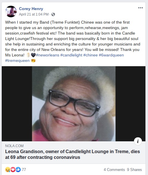 Social media post by "Corey Henry" about candlelight event for the passing of Leona Grandison. 