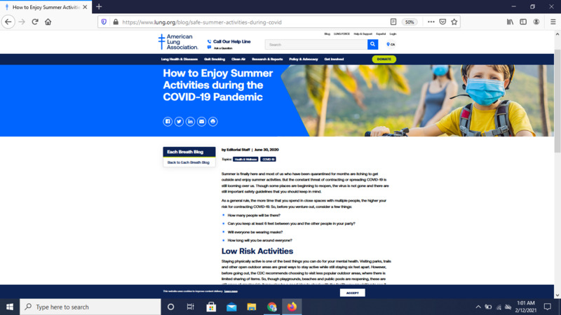Screenshot of American Lung Association website.  Article titled "How to Enjoy Summer Activities during the COVID-19 Pandemic".