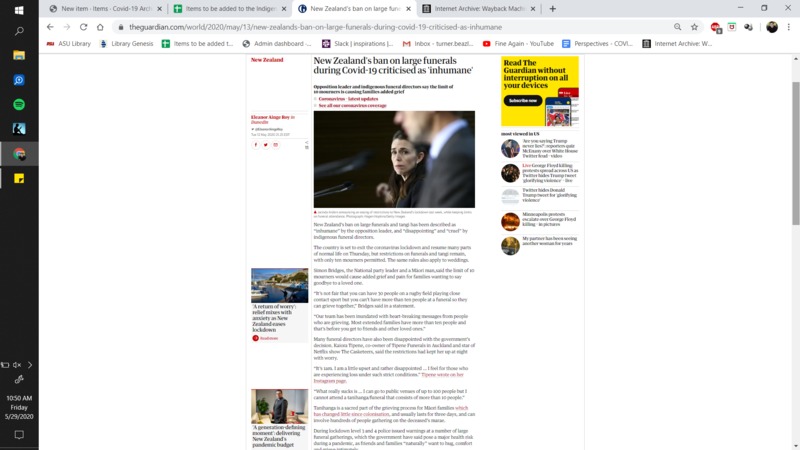 Screenshot of a news article that discusses New Zealand's ban on large funerals.