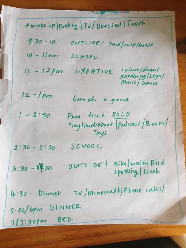 A white piece of paper with a day schedule with turquoise marker written on it. 