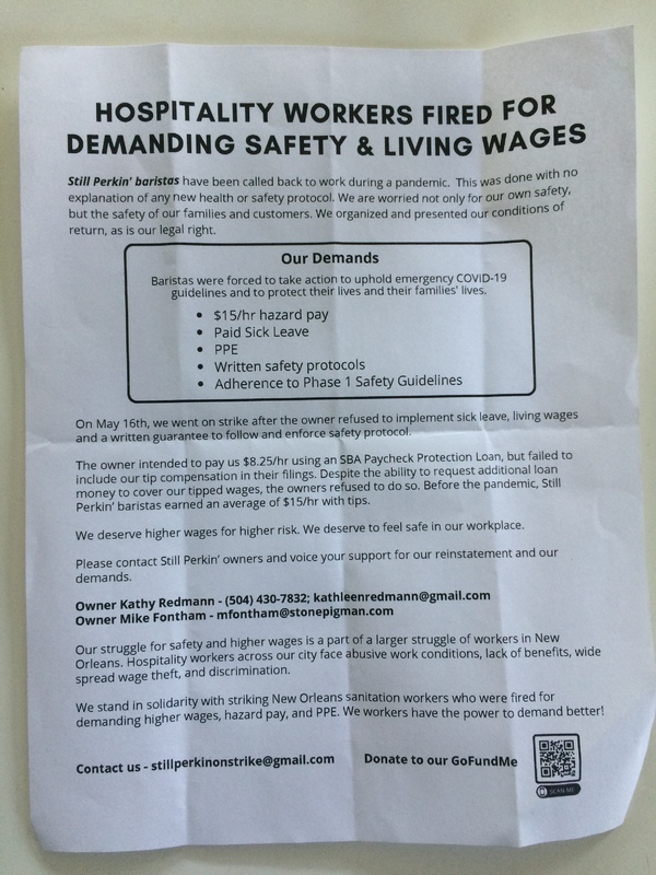 Image of a flyer which reads hospitality workers fired for demanding safety and living wages. It lists barista's demands during the Covid pandemic and the ensuing strike that followed.