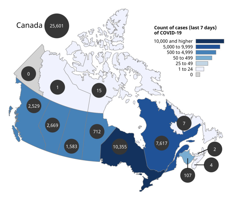 Map of Canada depicting number of positive COVID-19 cases.