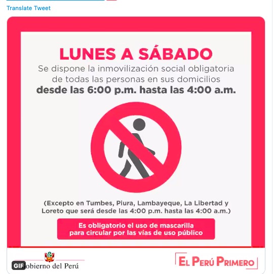 A Twitter screenshot of a poster in Spanish that is telling people to not go out between 6:00P.M. and 4:00A.M. 