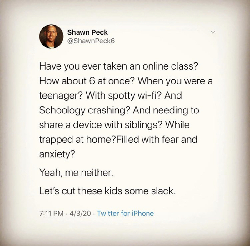 Twitter post requesting parents be patient with children during online learning.