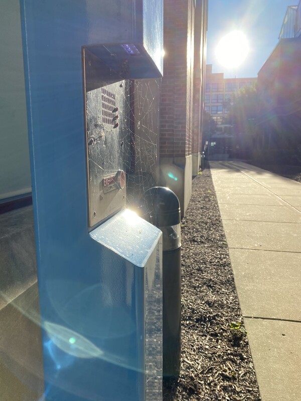 This is a picture taken of a safety alert module on a college campus. A spider has made its large web over the keypad.