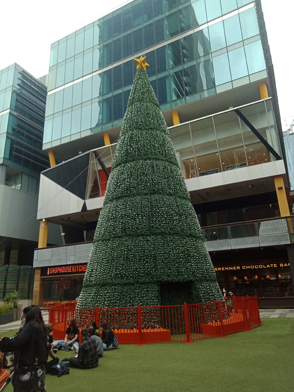 Picture of a large Christmas tree set up in front of several businesses. 