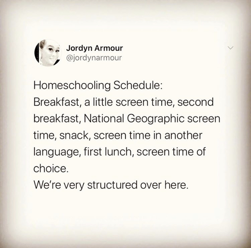 Twitter post of a homeschooling schedule.