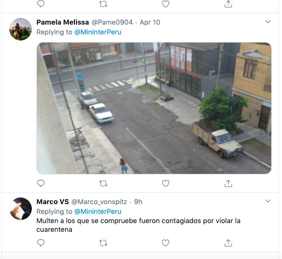 A Twitter screenshot of multiple posts in Spanish of people responding to MininterPeru. 
