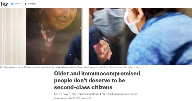 A Vox article with the title "older and immunocompromised people don't deserve to be second-class citizens".