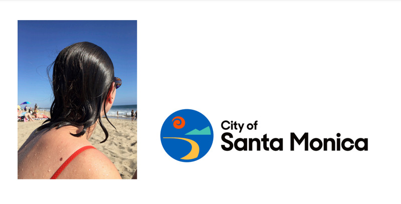 This is a series of two pictures, one depicting a woman at the beach, and the other displaying the emblem of the city of Santa Monica. 