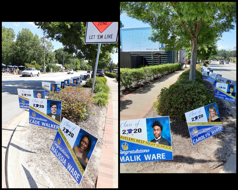 A collage of two street corners adorned with small signs celebrating the graduating class of 2020 for the Traveler's Rest High School. On each sign is a student's portrait and their name along with a congratulations.