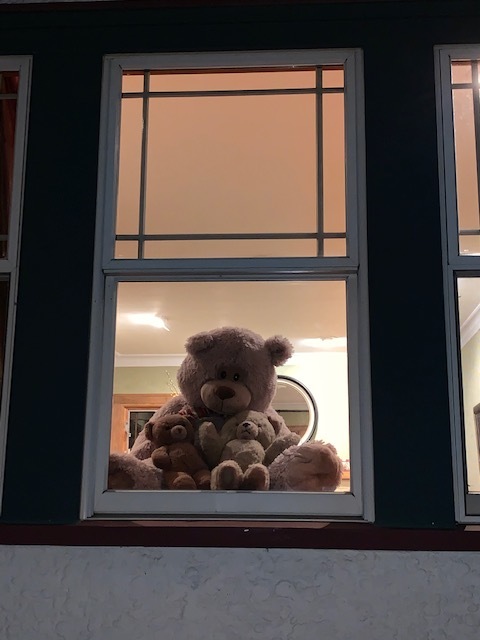A group of teddy bears in a window. 