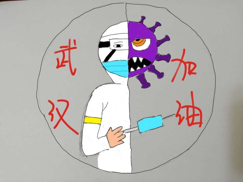 A drawn figure of a healthcare worker split down the middle with coronavirus. 