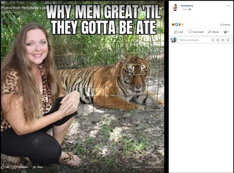 A screenshot of a meme on Facebook that says: "Why men great 'til they gotta be ate."