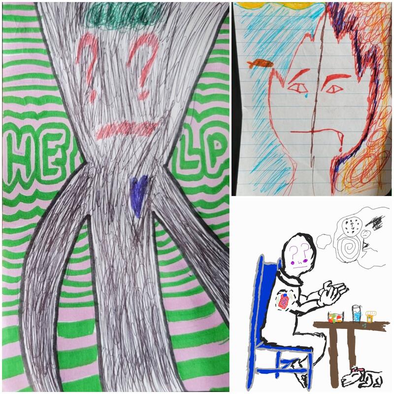 This is a picture taken of a series of drawings which depict the anxiety many experienced during the COVID-19 Pandemic. The people drawn appear to be confused and in distress, with the word "help" appearing behind one. 