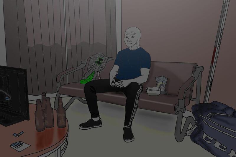 This is a picture of a cartoon depicting a man passively sitting on a couch in the dark, playing video games, and surrounded by empty bottles. 