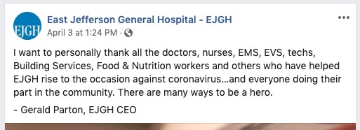 A social media post from East Jefferson General Hospital. 