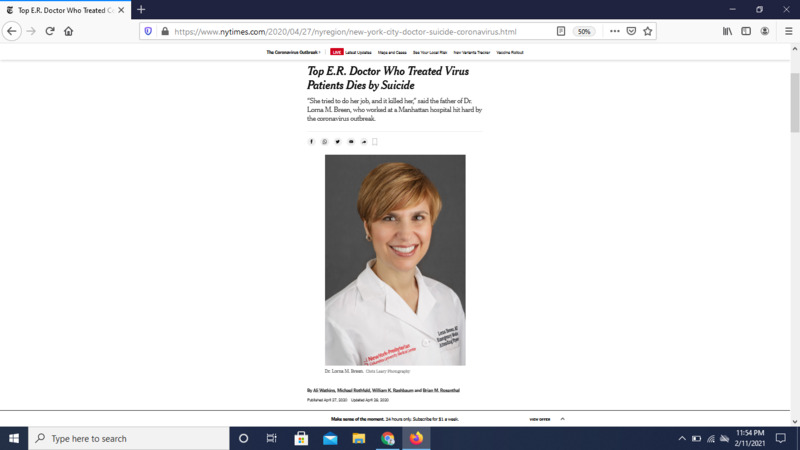 Screenshot of New York Times online article.  Article title: "Top E.R. Doctor Who Treated Virus Patients Dies by Suicide". 