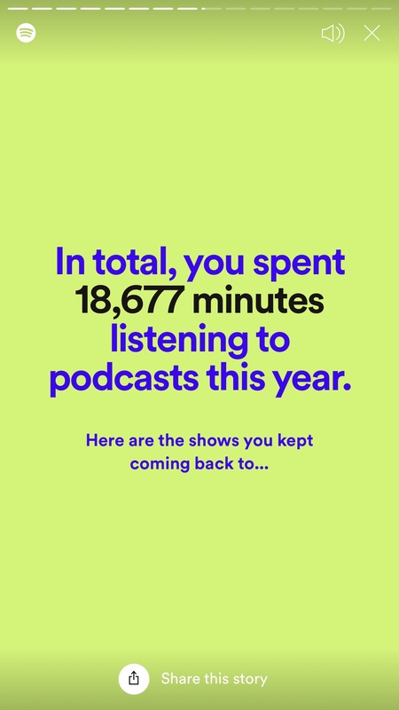 Screenshot of Instagram Reel.  Green background with Spotify logo on the top.  Text reads, "In total, you spent 18,6777 minutes listening to podcasts this year".