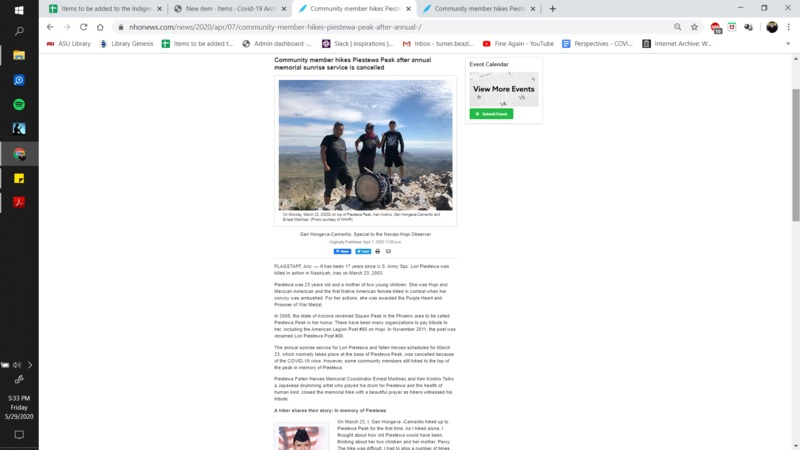 A screenshot of a news article about a group of people who hiked Piestewa peak after a community sunrise gathering was cancelled.