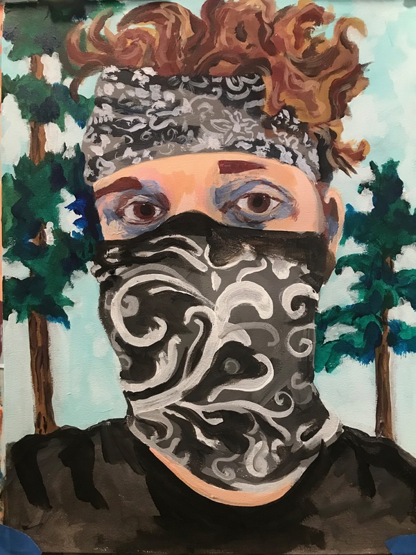This is a picture of a painting which depicts a person with their face obscured by a bandana, with a tree present on either side of the person in the background. 