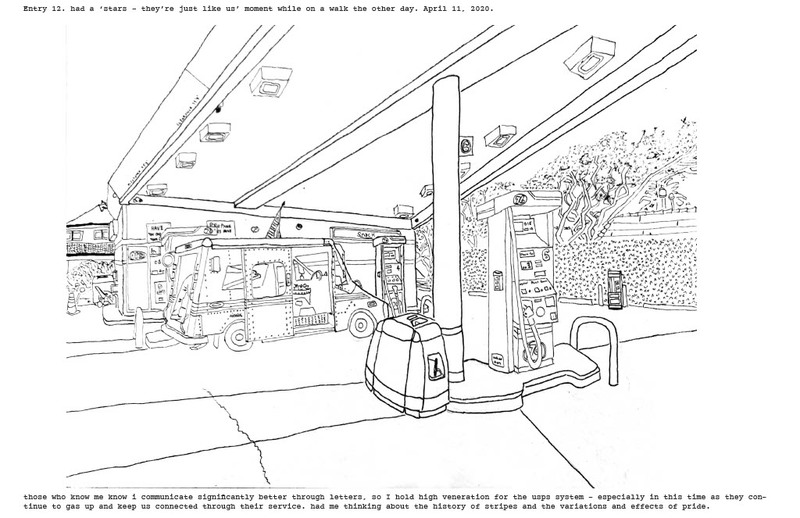 Drawing of a gas station. 