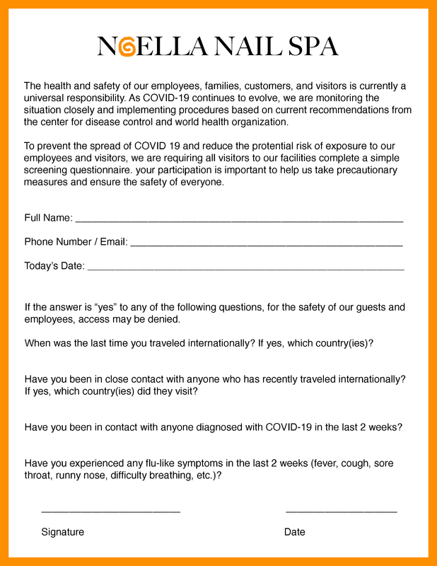 A questionnaire for customers to fill out by Noella Nail Spa. 