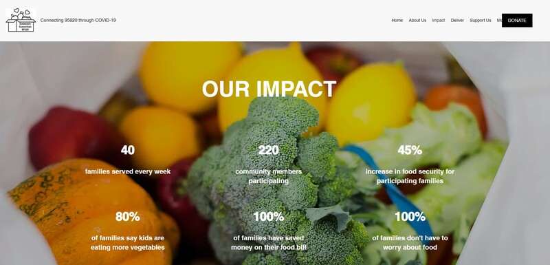 Screenshot of Connecting 95620 through COVID-19.  Image is of various vegetables with text written in white.  Text reads: "Our Impact.  40 families served every week. 80% of families say kids are eating more vegetables.  220 community members participating. 100% of families have saved money on their food bill.  45% increase in food security for participating families.  100% of families don't have to worry about food. "