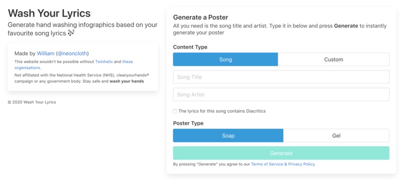 A screenshot of a website that prints posters to sing along to while washing your hands. 