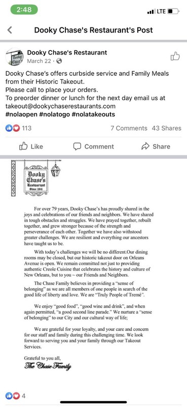 A social media post from Dooky Chase's Restaurant. 